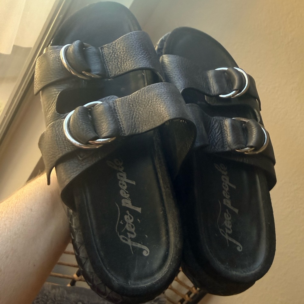 Free People Black Double Strap Buckle Slides